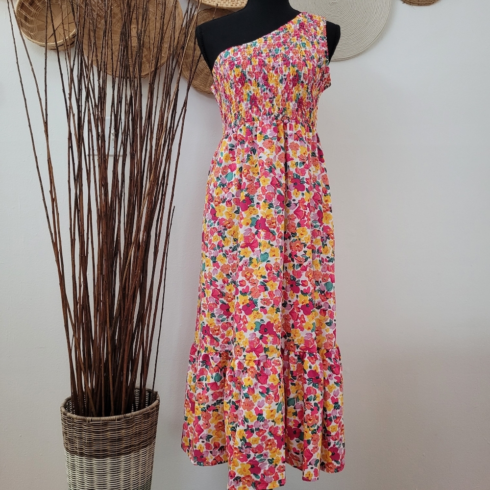 Colorfull floral dress for women/one shoulder Sleeveless- M